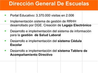 Dirección General De Escuelas Portal Educativo :  3.370.000 visitas en 2.006 Implementación sistema de gestión de RRHH desarrollado por DGE. Creación de  Legajo Electrónico Desarrollo e implementación del sistema de información para la  gestión  de Salud Laboral Desarrollo e implementación del  sistema Cédula Escolar Desarrollo e implementación del  sistema Tablero de Acompañamiento Directivo 