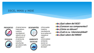 ¿Qué saben del ISCE?
¿Conocen sus componentes?
¿Cómo se obtuvo?
¿Cuál es su intencionalidad?
¿Qué saben del MMA?
 