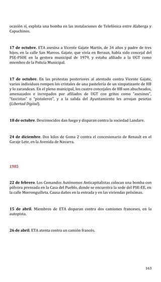 ocasión sí, explota una bomba en las instalaciones de Telefónica entre Alaberga y
Capuchinos.
17 de octubre. ETA asesina a Vicente Gajate Martín, de 34 años y padre de tres
hijos, en la calle San Marcos. Gajate, que vivía en Beraun, había sido concejal del
PSE-PSOE en la gestora municipal de 1979, y estaba afiliado a la UGT como
miembro de la Policía Municipal.
17 de octubre. En las protestas posteriores al atentado contra Vicente Gajate,
varios individuos rompen los cristales de una pastelería de un simpatizante de HB
y lo zarandean. En el pleno municipal, los cuatro concejales de HB son abucheados,
amenazados e increpados por afiliados de UGT con gritos como “asesinos”,
“fascistas” o “pistoleros”, y a la salida del Ayuntamiento les arrojan pesetas
(Libertad Digital).
18 de octubre. Desconocidos dan fuego y disparan contra la sociedad Landare.
24 de diciembre. Dos kilos de Goma 2 contra el concesionario de Renault en el
Garaje Lete, en la Avenida de Navarra.
1985
22 de febrero. Los Comandos Autónomos Anticapitalistas colocan una bomba con
pólvora prensada en la Casa del Pueblo, donde se encuentra la sede del PSE-EE, en
la calle Morronguilleta. Causa daños en la entrada y en las viviendas próximas.
15 de abril. Miembros de ETA disparan contra dos camiones franceses, en la
autopista.
26 de abril. ETA atenta contra un camión francés.
163
 