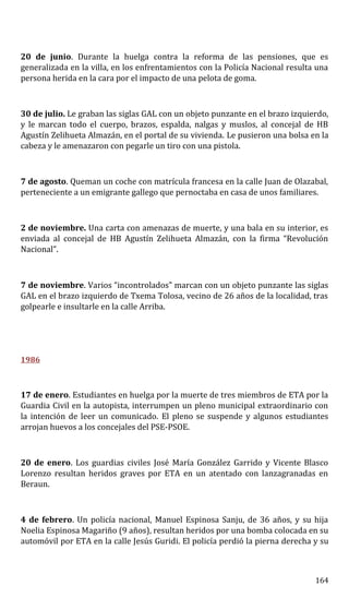 20 de junio. Durante la huelga contra la reforma de las pensiones, que es
generalizada en la villa, en los enfrentamientos con la Policía Nacional resulta una
persona herida en la cara por el impacto de una pelota de goma.
30 de julio. Le graban las siglas GAL con un objeto punzante en el brazo izquierdo,
y le marcan todo el cuerpo, brazos, espalda, nalgas y muslos, al concejal de HB
Agustín Zelihueta Almazán, en el portal de su vivienda. Le pusieron una bolsa en la
cabeza y le amenazaron con pegarle un tiro con una pistola.
7 de agosto. Queman un coche con matrícula francesa en la calle Juan de Olazabal,
perteneciente a un emigrante gallego que pernoctaba en casa de unos familiares.
2 de noviembre. Una carta con amenazas de muerte, y una bala en su interior, es
enviada al concejal de HB Agustín Zelihueta Almazán, con la firma “Revolución
Nacional”.
7 de noviembre. Varios “incontrolados” marcan con un objeto punzante las siglas
GAL en el brazo izquierdo de Txema Tolosa, vecino de 26 años de la localidad, tras
golpearle e insultarle en la calle Arriba.
1986
17 de enero. Estudiantes en huelga por la muerte de tres miembros de ETA por la
Guardia Civil en la autopista, interrumpen un pleno municipal extraordinario con
la intención de leer un comunicado. El pleno se suspende y algunos estudiantes
arrojan huevos a los concejales del PSE-PSOE.
20 de enero. Los guardias civiles José María González Garrido y Vicente Blasco
Lorenzo resultan heridos graves por ETA en un atentado con lanzagranadas en
Beraun.
4 de febrero. Un policía nacional, Manuel Espinosa Sanju, de 36 años, y su hija
Noelia Espinosa Magariño (9 años), resultan heridos por una bomba colocada en su
automóvil por ETA en la calle Jesús Guridi. El policía perdió la pierna derecha y su
164
 