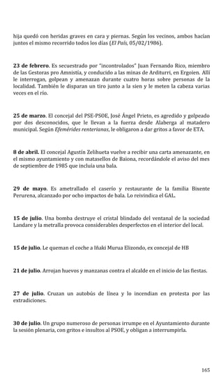 hija quedó con heridas graves en cara y piernas. Según los vecinos, ambos hacían
juntos el mismo recorrido todos los días (El País, 05/02/1986).
23 de febrero. Es secuestrado por “incontrolados” Juan Fernando Rico, miembro
de las Gestoras pro Amnistía, y conducido a las minas de Arditurri, en Ergoien. Allí
le interrogan, golpean y amenazan durante cuatro horas sobre personas de la
localidad. También le disparan un tiro junto a la sien y le meten la cabeza varias
veces en el río.
25 de marzo. El concejal del PSE-PSOE, José Ángel Prieto, es agredido y golpeado
por dos desconocidos, que le llevan a la fuerza desde Alaberga al matadero
municipal. Según Efemérides renterianas, le obligaron a dar gritos a favor de ETA.
8 de abril. El concejal Agustín Zelihueta vuelve a recibir una carta amenazante, en
el mismo ayuntamiento y con matasellos de Baiona, recordándole el aviso del mes
de septiembre de 1985 que incluía una bala.
29 de mayo. Es ametrallado el caserío y restaurante de la familia Bixente
Perurena, alcanzado por ocho impactos de bala. Lo reivindica el GAL.
15 de julio. Una bomba destruye el cristal blindado del ventanal de la sociedad
Landare y la metralla provoca considerables desperfectos en el interior del local.
15 de julio. Le queman el coche a Iñaki Murua Elizondo, ex concejal de HB
21 de julio. Arrojan huevos y manzanas contra el alcalde en el inicio de las fiestas.
27 de julio. Cruzan un autobús de línea y lo incendian en protesta por las
extradiciones.
30 de julio. Un grupo numeroso de personas irrumpe en el Ayuntamiento durante
la sesión plenaria, con gritos e insultos al PSOE, y obligan a interrumpirla.
165
 