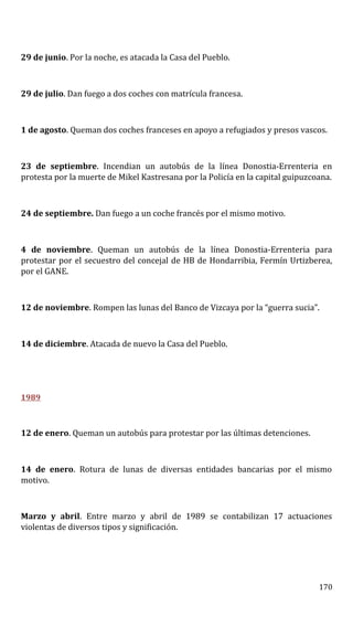 29 de junio. Por la noche, es atacada la Casa del Pueblo.
29 de julio. Dan fuego a dos coches con matrícula francesa.
1 de agosto. Queman dos coches franceses en apoyo a refugiados y presos vascos.
23 de septiembre. Incendian un autobús de la línea Donostia-Errenteria en
protesta por la muerte de Mikel Kastresana por la Policía en la capital guipuzcoana.
24 de septiembre. Dan fuego a un coche francés por el mismo motivo.
4 de noviembre. Queman un autobús de la línea Donostia-Errenteria para
protestar por el secuestro del concejal de HB de Hondarribia, Fermín Urtizberea,
por el GANE.
12 de noviembre. Rompen las lunas del Banco de Vizcaya por la “guerra sucia”.
14 de diciembre. Atacada de nuevo la Casa del Pueblo.
1989
12 de enero. Queman un autobús para protestar por las últimas detenciones.
14 de enero. Rotura de lunas de diversas entidades bancarias por el mismo
motivo.
Marzo y abril. Entre marzo y abril de 1989 se contabilizan 17 actuaciones
violentas de diversos tipos y significación.
170
 