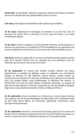 28 de abril. “Incontrolados” agreden y amenazan a Karmele Urruzono, de 18 años,
alumna de la Ikastola Orereta, produciéndole cortes en la cara.
5 de mayo. Otro alumno de Zamalbide recibe amenazas por teléfono.
13 de mayo. Explosiona de madrugada un artefacto en el pub Itsas Izar. Se
desconoce la autoría. ETA se desmarcó el 25 de mayo del hecho y no consta
reivindicación alguna.
16 de mayo. Vuelven a agredir a la joven Karmele Urruzono. Al día siguiente se
convoca una encerrona en el Instituto de FP de Zamalbide por las agresiones que
vienen sucediéndose en Errenteria y en, al menos, otras ocho localidades vascas.
8 de junio. Graban las siglas GAL en un brazo al estudiante Joseba Lekuona cuando
salía de la ikastola Orereta, tras ser abordado por tres individuos cerca de
Txikierdi, que le pusieron una navaja en el cuello.
20 de septiembre. El cartero José Antonio Cardosa Morales (22 años),
antimilitarista y miembro de Kakitzat, muere al explotarle una carta-bomba
dirigida al militante de HB, Ildefonso Salazar Uriarte, cuando trataba de
introducirla en su buzón de la calle Juan de Olazabal. El ex director de la Guardia
Civil, Luis Roldán Ibáñez, acusó públicamente al Ministerio del Interior, el
05/05/1996, del envío de cartas bomba a militantes abertzales. La mayoría de
ellas fueron interceptadas en Correos, incluyendo una que iba dirigida al abogado
Iñigo Iruin. Covite señala directamente al GAL en el Mapa del Terror.
21 de septiembre. Graves incidentes en el funeral por el joven Josean Cardosa,
“tras disparar uno de los guardaespaldas del gobernador civil, resultando herido
de bala Félix García Rivera, de Trintxerpe” (Efemérides renterianas). Cinco
personas serán procesadas.
22 de septiembre. Durante la convocatoria de huelga general por la muerte de
Cardosa, varios individuos rompen la puerta de la Casa del Pueblo y dan fuego a su
interior. Un tren-tranvía es incendiado, asimismo, en la estación de Renfe.
171
 