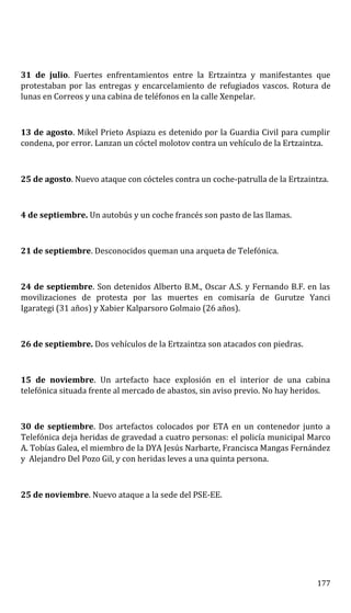 31 de julio. Fuertes enfrentamientos entre la Ertzaintza y manifestantes que
protestaban por las entregas y encarcelamiento de refugiados vascos. Rotura de
lunas en Correos y una cabina de teléfonos en la calle Xenpelar.
13 de agosto. Mikel Prieto Aspiazu es detenido por la Guardia Civil para cumplir
condena, por error. Lanzan un cóctel molotov contra un vehículo de la Ertzaintza.
25 de agosto. Nuevo ataque con cócteles contra un coche-patrulla de la Ertzaintza.
4 de septiembre. Un autobús y un coche francés son pasto de las llamas.
21 de septiembre. Desconocidos queman una arqueta de Telefónica.
24 de septiembre. Son detenidos Alberto B.M., Oscar A.S. y Fernando B.F. en las
movilizaciones de protesta por las muertes en comisaría de Gurutze Yanci
Igarategi (31 años) y Xabier Kalparsoro Golmaio (26 años).
26 de septiembre. Dos vehículos de la Ertzaintza son atacados con piedras.
15 de noviembre. Un artefacto hace explosión en el interior de una cabina
telefónica situada frente al mercado de abastos, sin aviso previo. No hay heridos.
30 de septiembre. Dos artefactos colocados por ETA en un contenedor junto a
Telefónica deja heridas de gravedad a cuatro personas: el policía municipal Marco
A. Tobías Galea, el miembro de la DYA Jesús Narbarte, Francisca Mangas Fernández
y Alejandro Del Pozo Gil, y con heridas leves a una quinta persona.
25 de noviembre. Nuevo ataque a la sede del PSE-EE.
177
 