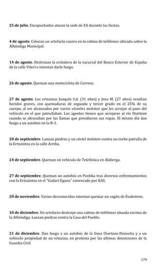 25 de julio. Encapuchados atacan la sede de EA durante las fiestas.
4 de agosto. Colocan un artefacto casero en la cabina de teléfonos ubicada sobre la
Alhóndiga Municipal.
14 de agosto. Destrozan la cristalera de la sucursal del Banco Exterior de España
de la calle Viteri e intentan darle fuego.
26 de agosto. Queman una motocicleta de Correos.
27 de agosto. Los ertzainas Joaquín S.A. (31 años) y Josu M. (27 años) resultan
heridos graves, con quemaduras de segundo y tercer grado en el 25% de su
cuerpo, al ser alcanzados por varios cócteles molotov que les arrojan al paso del
vehículo en el que patrullaban. Los agentes tienen que arrojarse al río Oiartzun
cuando se abrasaban por las llamas que prendieron sus ropas. El mismo día dan
fuego a un autobús en la N-1.
20 de septiembre. Lanzan piedras y un cóctel molotov contra un coche patrulla de
la Ertzaintza en la calle Arriba.
24 de septiembre. Queman un vehículo de Telefónica en Alaberga.
27 de septiembre. Queman un autobús en Pontika tras diversos enfrentamientos
con la Ertzaintza en el “Gudari Eguna” convocado por KAS.
20 de noviembre. Varios desconocidos intentan quemar un vagón de Euskotren.
10 de diciembre. Un artefacto destruye una cabina de teléfonos situada encima de
la Alhóndiga. Lanzan piedras contra la Casa del Pueblo.
21 de diciembre. Dan fuego a un autobús de la línea Oiartzun-Donostia y a un
vehículo propiedad de un ertzaina, en protesta por las últimas detenciones de la
Guardia Civil.
179
 