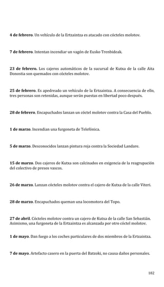 4 de febrero. Un vehículo de la Ertzaintza es atacado con cócteles molotov.
7 de febrero. Intentan incendiar un vagón de Eusko Trenbideak.
23 de febrero. Los cajeros automáticos de la sucursal de Kutxa de la calle Aita
Donostia son quemados con cócteles molotov.
25 de febrero. Es apedreado un vehículo de la Ertzaintza. A consecuencia de ello,
tres personas son retenidas, aunque serán puestas en libertad poco después.
28 de febrero. Encapuchados lanzan un cóctel molotov contra la Casa del Pueblo.
1 de marzo. Incendian una furgoneta de Telefónica.
5 de marzo. Desconocidos lanzan pintura roja contra la Sociedad Landare.
15 de marzo. Dos cajeros de Kutxa son calcinados en exigencia de la reagrupación
del colectivo de presos vascos.
26 de marzo. Lanzan cócteles molotov contra el cajero de Kutxa de la calle Viteri.
28 de marzo. Encapuchados queman una locomotora del Topo.
27 de abril. Cócteles molotov contra un cajero de Kutxa de la calle San Sebastián.
Asimismo, una furgoneta de la Ertzaintza es alcanzada por otro cóctel molotov.
1 de mayo. Dan fuego a los coches particulares de dos miembros de la Ertzaintza.
7 de mayo. Artefacto casero en la puerta del Batzoki, no causa daños personales.
182
 