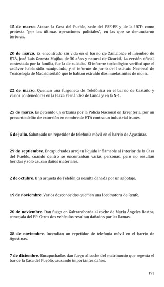 15 de marzo. Atacan la Casa del Pueblo, sede del PSE-EE y de la UGT; como
protesta “por las últimas operaciones policiales”, en las que se denunciaron
torturas.
20 de marzo. Es encontrado sin vida en el barrio de Zamalbide el miembro de
ETA, José Luis Geresta Mujika, de 30 años y natural de Zizurkil. La versión oficial,
contestada por la familia, fue la de suicidio. El informe toxicológico verificó que el
cadáver había sido manipulado, y el informe de junio del Instituto Nacional de
Toxicología de Madrid señaló que le habían extraído dos muelas antes de morir.
22 de marzo. Queman una furgoneta de Telefónica en el barrio de Gaztaño y
varios contenedores en la Plaza Fernández de Landa y en la N-1.
25 de marzo. Es detenido un ertzaina por la Policía Nacional en Errenteria, por un
presunto delito de extorsión en nombre de ETA contra un industrial irunés.
5 de julio. Saboteado un repetidor de telefonía móvil en el barrio de Agustinas.
29 de septiembre. Encapuchados arrojan líquido inflamable al interior de la Casa
del Pueblo, cuando dentro se encontraban varias personas, pero no resultan
heridas y solo causan daños materiales.
2 de octubre. Una arqueta de Telefónica resulta dañada por un sabotaje.
19 de noviembre. Varios desconocidos queman una locomotora de Renfe.
20 de noviembre. Dan fuego en Galtzaraborda al coche de María Ángeles Bastos,
concejala del PP. Otros dos vehículos resultan dañados por las llamas.
28 de noviembre. Incendian un repetidor de telefonía móvil en el barrio de
Agustinas.
7 de diciembre. Encapuchados dan fuego al coche del matrimonio que regenta el
bar de la Casa del Pueblo, causando importantes daños.
192
 