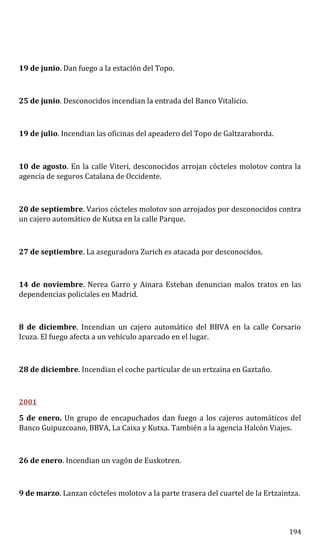 19 de junio. Dan fuego a la estación del Topo.
25 de junio. Desconocidos incendian la entrada del Banco Vitalicio.
19 de julio. Incendian las oficinas del apeadero del Topo de Galtzaraborda.
10 de agosto. En la calle Viteri, desconocidos arrojan cócteles molotov contra la
agencia de seguros Catalana de Occidente.
20 de septiembre. Varios cócteles molotov son arrojados por desconocidos contra
un cajero automático de Kutxa en la calle Parque.
27 de septiembre. La aseguradora Zurich es atacada por desconocidos.
14 de noviembre. Nerea Garro y Ainara Esteban denuncian malos tratos en las
dependencias policiales en Madrid.
8 de diciembre. Incendian un cajero automático del BBVA en la calle Corsario
Icuza. El fuego afecta a un vehículo aparcado en el lugar.
28 de diciembre. Incendian el coche particular de un ertzaina en Gaztaño.
2001
5 de enero. Un grupo de encapuchados dan fuego a los cajeros automáticos del
Banco Guipuzcoano, BBVA, La Caixa y Kutxa. También a la agencia Halcón Viajes.
26 de enero. Incendian un vagón de Euskotren.
9 de marzo. Lanzan cócteles molotov a la parte trasera del cuartel de la Ertzaintza.
194
 