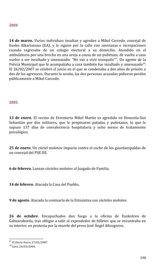 2004
14 de marzo. Varios individuos insultan y agreden a Mikel Carcedo, concejal de
Eusko Alkartasuna (EA), y le siguen por la calle con amenazas e increpaciones
cuando regresaba de un colegio electoral a su domicilio. Atendido en el
ambulatorio por una brecha en una oreja a causa de un puñetazo, de vuelta a casa
vuelve a ser insultado y amenazado: “No vas a vivir tranquilo”47
. Un agente de la
Policía Municipal que le acompañaba a casa también fue insultado y amenazado48
.
El 26/02/2007 se celebró el juicio en el que se condenaba a dos años de prisión a
dos de los agresores. Durante la sesión, las dos personas acusadas pidieron perdón
públicamente a Mikel Carcedo.
2005
13 de enero. El vecino de Errenteria Mikel Martin es agredido en Donostia-San
Sebastián por dos militares, que le propinaron patadas y puñetazos, lo que le
supuso 137 días de convalecencia hospitalaria y ocho meses de tratamiento
psicológico.
25 de enero. Un cóctel molotov impacta contra el coche de los guardaespaldas de
un concejal del PSE-EE.
6 de febrero. Lanzan cócteles molotov al Juzgado de Familia.
14 de febrero. Atacada la Casa del Pueblo.
9 de agosto. Atacada la comisaría de la Ertzaintza con cócteles molotov.
26 de octubre. Encapuchados dan fuego a la oficina de Euskotren de
Galtzaraborda, tras obligar a salir al expendedor de billetes que se encontraba en
su interior, en protesta por la muerte del preso José Ángel Altzuguren.
47
El Diario Vasco, 27/02/2007.
48
Gara, 24/03/2004.
198
 