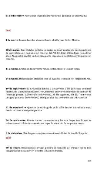 21 de diciembre. Arrojan un cóctel molotov contra el domicilio de un ertzaina.
2006
4 de marzo. Lanzan botellas al domicilio del alcalde Juan Carlos Merino.
20 de marzo. Tres cócteles molotov impactan de madrugada en la persiana de una
de las ventanas del domicilio del concejal del PSE-EE, Jesús Oficialdegui Ruiz, de 59
años. Años antes, recibió un botellazo por la espalda en Magdalenas y le quemaron
el coche.
11 de junio. Cruzan en la carretera varios contenedores y les dan fuego.
24 de junio. Desconocidos atacan la sede de EA de la localidad y el Juzgado de Paz.
19 de septiembre. La Ertzaintza detiene a dos jóvenes a los que acusa de haber
incendiado la estación de Eusko Tren, mientras que varios colectivos lo califican de
“montaje policial” (Efemérides renterianas). Al día siguiente, día 20, “numerosos
testigos” (Anuario 2006 de Gara) exculpan a los dos detenidos por la Ertzaintza.
22 de septiembre. Queman de madrugada en la calle Beraun un vehículo cuyo
dueño no tiene adscripción política.
24 de noviembre. Cruzan varios contenedores y les dan fuego, tras lo que se
enfrentan con la Ertzaintza en denuncia por la situación de los presos vascos.
9 de diciembre. Dan fuego a un cajero automático de Kutxa de la calle Xenpelar.
2007
30 de enero. Desconocidos arrojan pintura al monolito del Parque por la Paz,
inaugurado el mes anterior, y contra la Casa del Pueblo.
199
 
