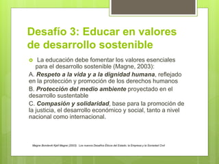 Desafío 3: Educar en valores
de desarrollo sostenible
 La educación debe fomentar los valores esenciales
para el desarrollo sostenible (Magne, 2003):
A. Respeto a la vida y a la dignidad humana, reflejado
en la protección y promoción de los derechos humanos
B. Protección del medio ambiente proyectado en el
desarrollo sustentable
C. Compasión y solidaridad, base para la promoción de
la justicia, el desarrollo económico y social, tanto a nivel
nacional como internacional.
Magne Bondevik Kjell Magne (2003). Los nuevos Desafíos Éticos del Estado, la Empresa y la Sociedad Civil
 