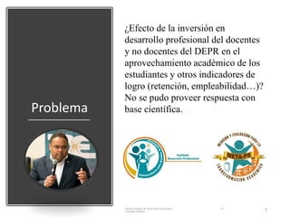 Problema
Nueva filosofía de desarrollo profesional Dr.
Santiago Méndez 7
¿Cuál es la influencia de la
inversión en desarro...