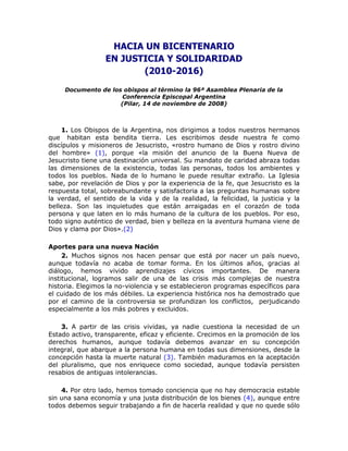 HACIA UN BICENTENARIO
                  EN JUSTICIA Y SOLIDARIDAD
                         (2010-2016)
     Documento de l...