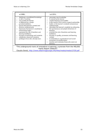 Hacia un e-learning 2.0+                                     Montse Fernández Crespo




   "The underground rivers of innovative e-Learning: a preview from the HELIOS
                              Yearly Report 2006/07"
    Claudio Dondi, http://www.elearningeuropa.info/files/media/media12720.pdf




Marzo de 2008                                                                    53
 