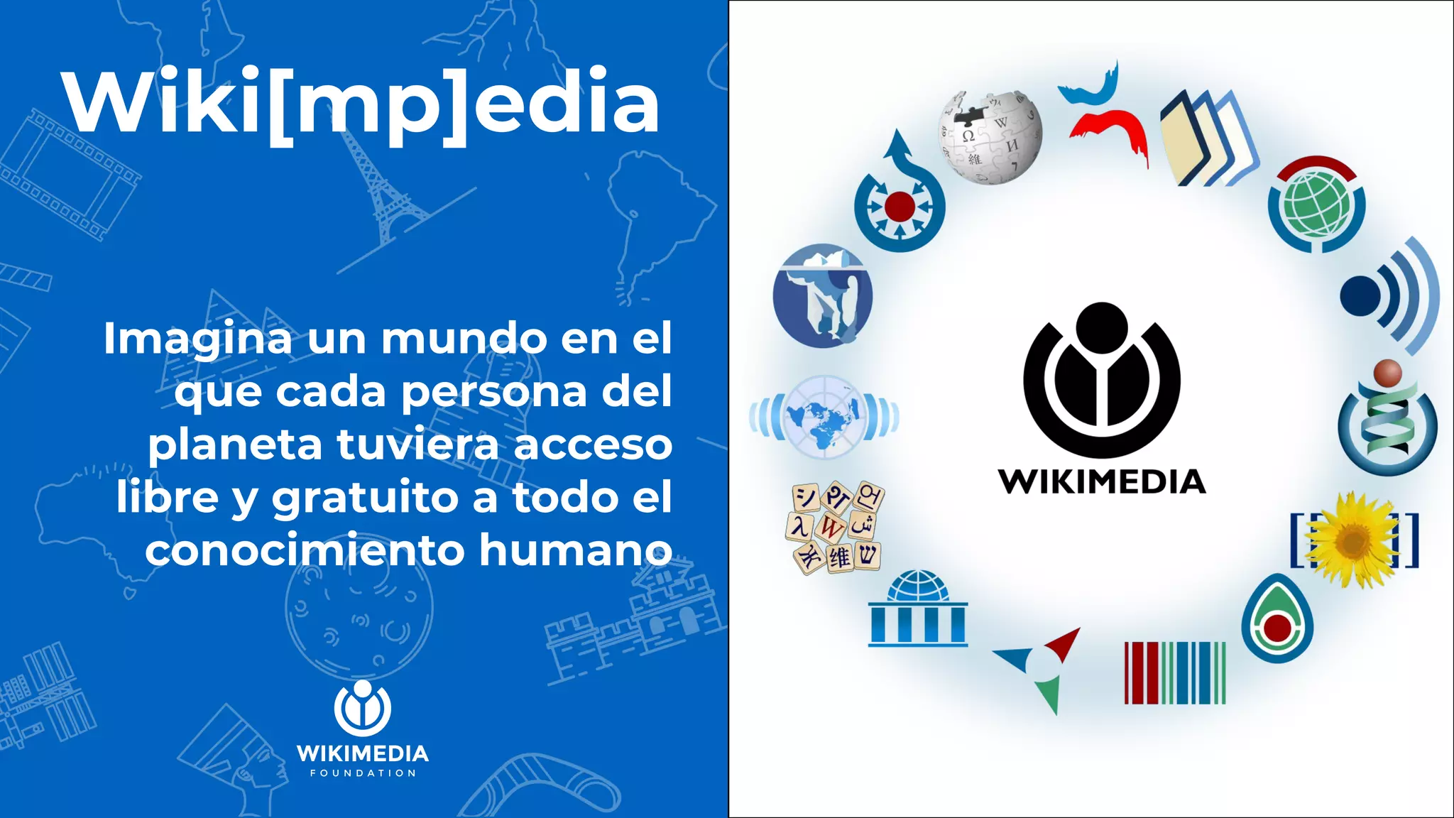 Wiki[mp]edia
Imagina un mundo en el
que cada persona del
planeta tuviera acceso
libre y gratuito a todo el
conocimiento humano
 