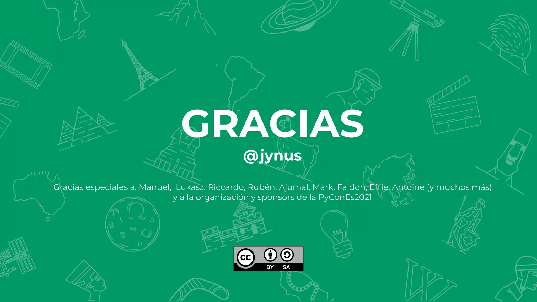 GRACIAS
@jynus
Gracias especiales a: Manuel, Lukasz, Riccardo, Rubén, Ajumal, Mark, Faidon, Efﬁe, Antoine (y muchos más)
y a la organización y sponsors de la PyConEs2021
 