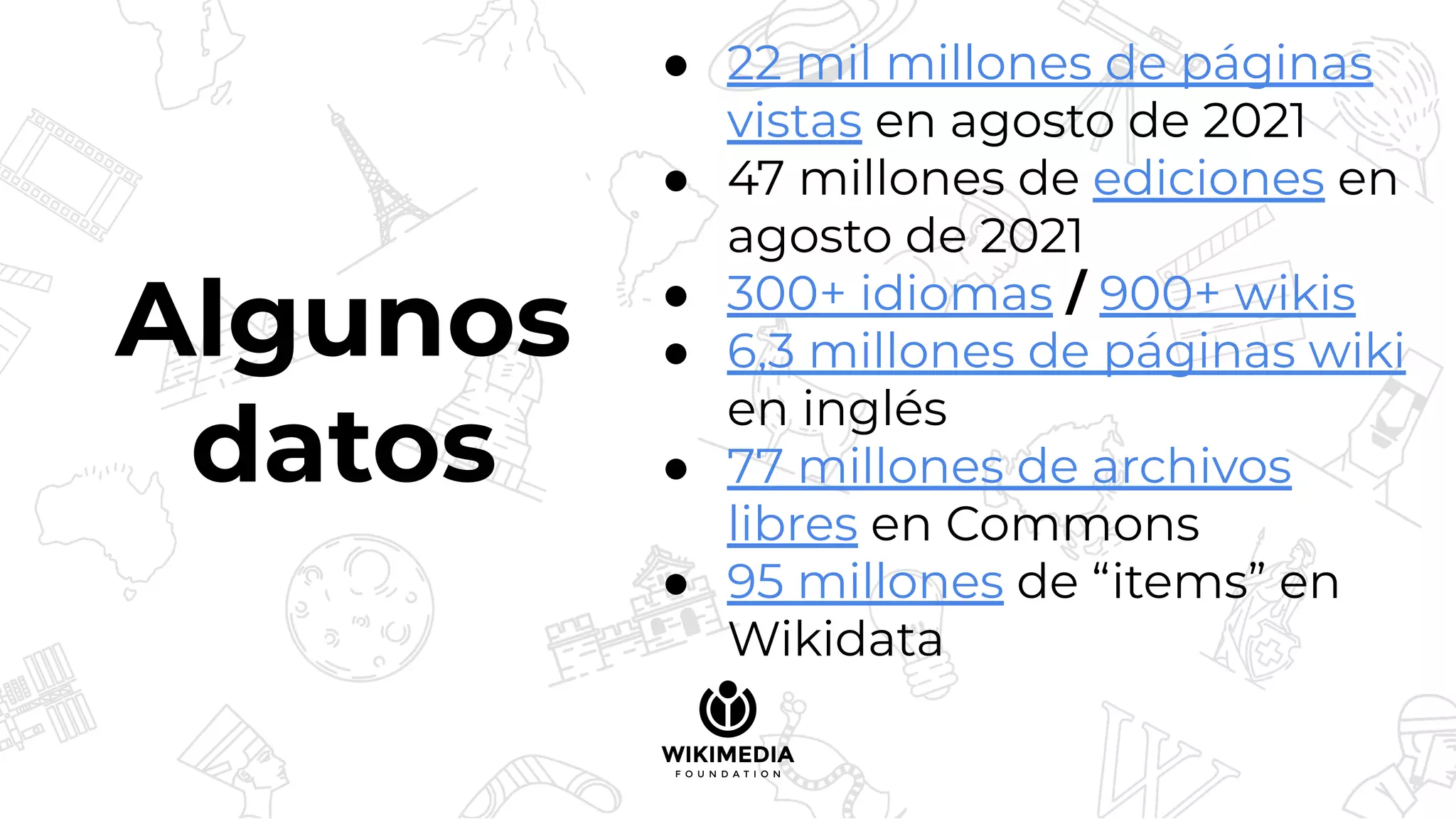 Algunos
datos
● 22 mil millones de páginas
vistas en agosto de 2021
● 47 millones de ediciones en
agosto de 2021
● 300+ idiomas / 900+ wikis
● 6,3 millones de páginas wiki
en inglés
● 77 millones de archivos
libres en Commons
● 95 millones de “items” en
Wikidata
 