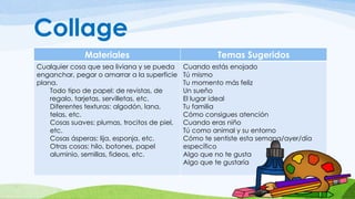 Collage 
Materiales Temas Sugeridos 
Cualquier cosa que sea liviana y se pueda 
enganchar, pegar o amarrar a la superficie 
plana. 
Todo tipo de papel: de revistas, de 
regalo, tarjetas, servilletas, etc. 
Diferentes texturas: algodón, lana, 
telas, etc. 
Cosas suaves: plumas, trocitos de piel, 
etc. 
Cosas ásperas: lija, esponja, etc. 
Otras cosas: hilo, botones, papel 
aluminio, semillas, fideos, etc. 
Cuando estás enojado 
Tú mismo 
Tu momento más feliz 
Un sueño 
El lugar ideal 
Tu familia 
Cómo consigues atención 
Cuando eras niño 
Tú como animal y su entorno 
Cómo te sentiste esta semana/ayer/día 
específico 
Algo que no te gusta 
Algo que te gustaría 
 