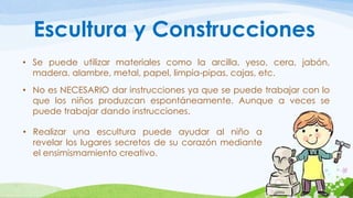 Escultura y Construcciones 
• Se puede utilizar materiales como la arcilla, yeso, cera, jabón, 
madera, alambre, metal, papel, limpia-pipas, cajas, etc. 
• No es NECESARIO dar instrucciones ya que se puede trabajar con lo 
que los niños produzcan espontáneamente. Aunque a veces se 
puede trabajar dando instrucciones. 
• Realizar una escultura puede ayudar al niño a 
revelar los lugares secretos de su corazón mediante 
el ensimismamiento creativo. 
 