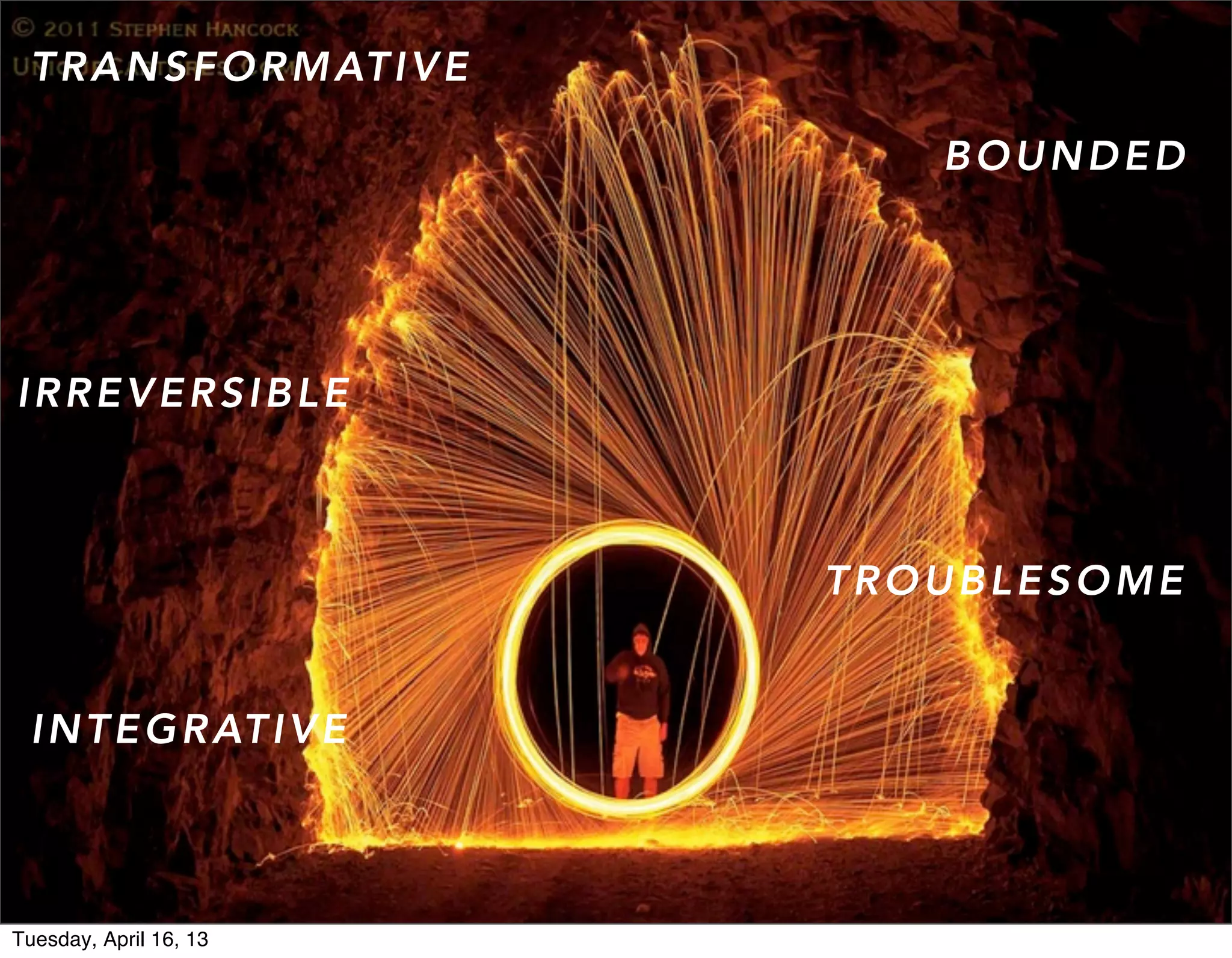 T R A N S F O R M AT I V E

                                 BOUNDED




IRREVERSIBLE



                              TROUBLESOME


 I N T E G R AT I V E


                                  #ACRL2013 #hack

Tuesday, April 16, 13
 