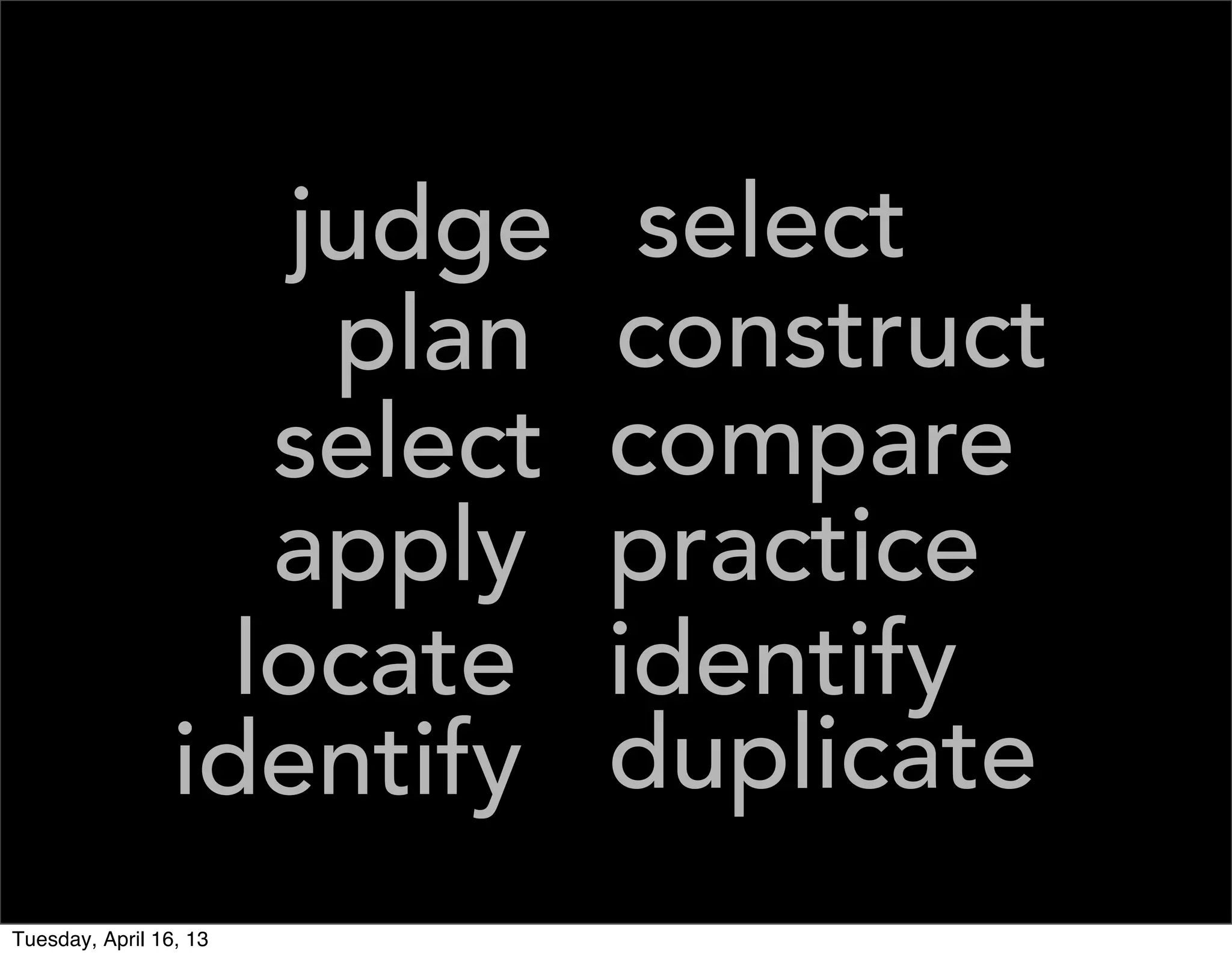 judge    select
                      plan   construct
                    select   compare
                    apply    practice
                   locate    identify
                 identify    duplicate
Tuesday, April 16, 13
 