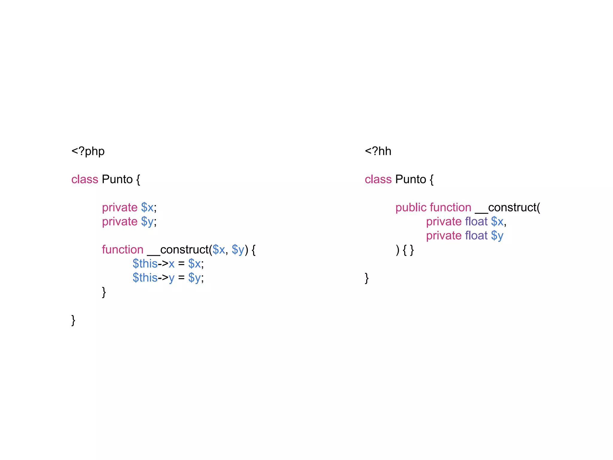 <?hh
class Punto {
public function __construct(
private float $x,
private float $y
) { }
}
<?php
class Punto {
private $x;
private $y;
function __construct($x, $y) {
$this->x = $x;
$this->y = $y;
}
}
 