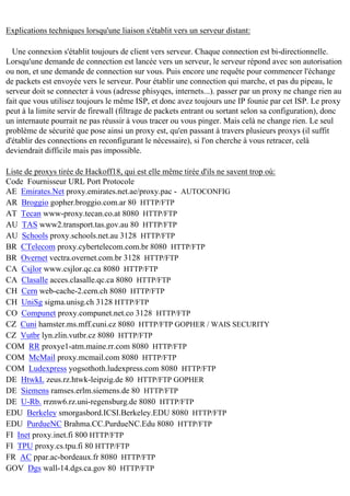 Explications techniques lorsqu'une liaison s'établit vers un serveur distant:
Une connexion s'établit toujours de client vers serveur. Chaque connection est bi-directionnelle.
Lorsqu'une demande de connection est lancée vers un serveur, le serveur répond avec son autorisation
ou non, et une demande de connection sur vous. Puis encore une requête pour commencer l'échange
de packets est envoyée vers le serveur. Pour établir une connection qui marche, et pas du pipeau, le
serveur doit se connecter à vous (adresse phisyqes, internets...). passer par un proxy ne change rien au
fait que vous utilisez toujours le même ISP, et donc avez toujours une IP founie par cet ISP. Le proxy
peut à la limite servir de firewall (filtrage de packets entrant ou sortant selon sa configuration), donc
un internaute pourrait ne pas réussir à vous tracer ou vous pinger. Mais celà ne change rien. Le seul
problème de sécurité que pose ainsi un proxy est, qu'en passant à travers plusieurs proxys (il suffit
d'établir des connections en reconfigurant le nécessaire), si l'on cherche à vous retracer, celà
deviendrait difficile mais pas impossible.
Liste de proxys tirée de Hackoff18, qui est elle même tirée d'ils ne savent trop où:
Code Fournisseur URL Port Protocole
AE Emirates.Net proxy.emirates.net.ae/proxy.pac - AUTOCONFIG
AR Broggio gopher.broggio.com.ar 80 HTTP/FTP
AT Tecan www-proxy.tecan.co.at 8080 HTTP/FTP
AU TAS www2.transport.tas.gov.au 80 HTTP/FTP
AU Schools proxy.schools.net.au 3128 HTTP/FTP
BR CTelecom proxy.cybertelecom.com.br 8080 HTTP/FTP
BR Overnet vectra.overnet.com.br 3128 HTTP/FTP
CA Csjlor www.csjlor.qc.ca 8080 HTTP/FTP
CA Clasalle acces.clasalle.qc.ca 8080 HTTP/FTP
CH Cern web-cache-2.cern.ch 8080 HTTP/FTP
CH UniSg sigma.unisg.ch 3128 HTTP/FTP
CO Compunet proxy.compunet.net.co 3128 HTTP/FTP
CZ Cuni hamster.ms.mff.cuni.cz 8080 HTTP/FTP GOPHER / WAIS SECURITY
CZ Vutbr lyn.zlin.vutbr.cz 8080 HTTP/FTP
COM RR proxye1-atm.maine.rr.com 8080 HTTP/FTP
COM McMail proxy.mcmail.com 8080 HTTP/FTP
COM Ludexpress yogsothoth.ludexpress.com 8080 HTTP/FTP
DE HtwkL zeus.rz.htwk-leipzig.de 80 HTTP/FTP GOPHER
DE Siemens ramses.erlm.siemens.de 80 HTTP/FTP
DE U-Rb. rrznw6.rz.uni-regensburg.de 8080 HTTP/FTP
EDU Berkeley smorgasbord.ICSI.Berkeley.EDU 8080 HTTP/FTP
EDU PurdueNC Brahma.CC.PurdueNC.Edu 8080 HTTP/FTP
FI Inet proxy.inet.fi 800 HTTP/FTP
FI TPU proxy.cs.tpu.fi 80 HTTP/FTP
FR AC ppar.ac-bordeaux.fr 8080 HTTP/FTP
GOV Dgs wall-14.dgs.ca.gov 80 HTTP/FTP

 