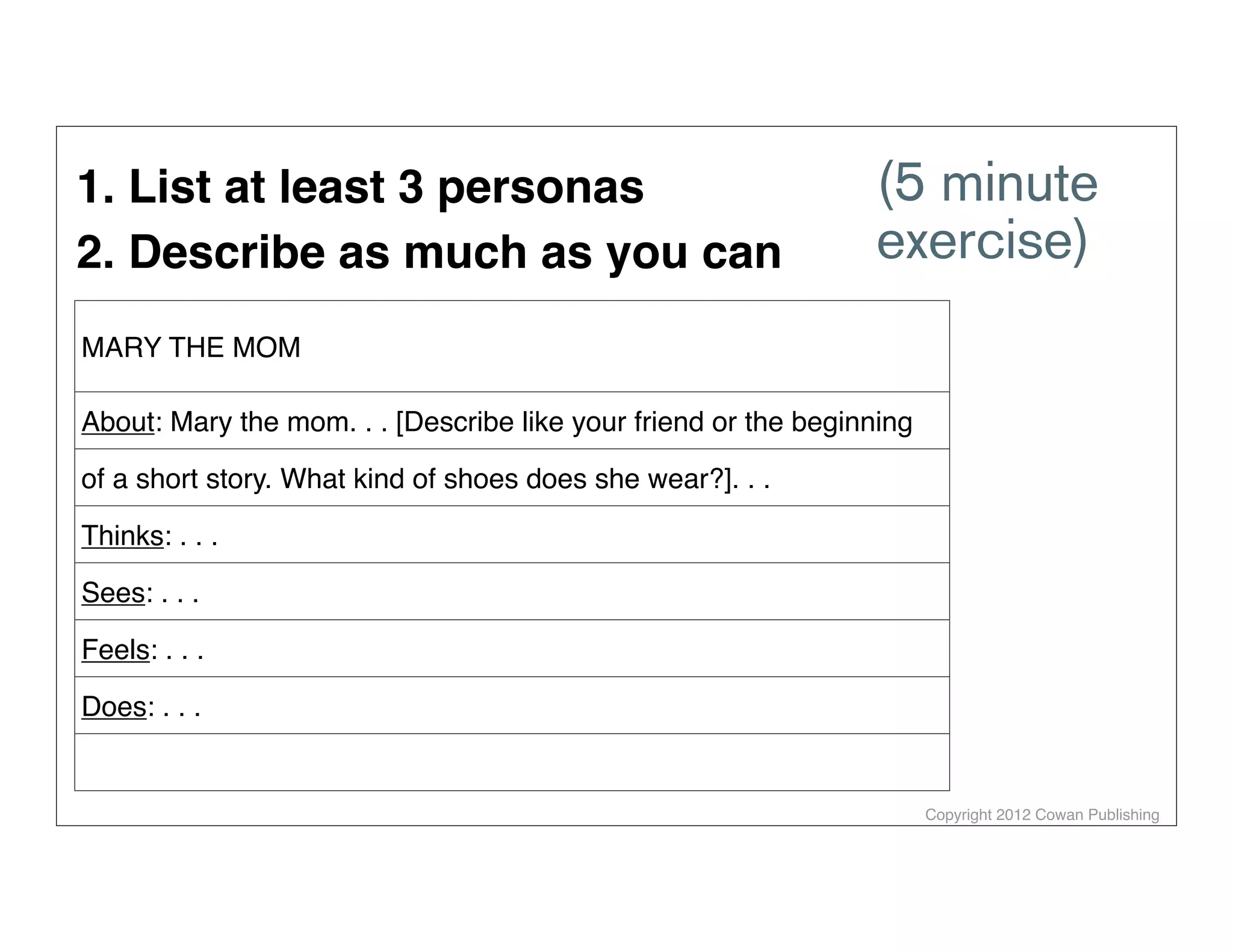 Copyright 2012 Cowan Publishing
MARY THE MOM
About: Mary the mom. . . [Describe like your friend or the beginning
of a short story. What kind of shoes does she wear?]. . .
Thinks: . . .
Sees: . . .
Feels: . . .
Does: . . .
1. List at least 3 personas
2. Describe as much as you can
(5 minute
exercise)
 