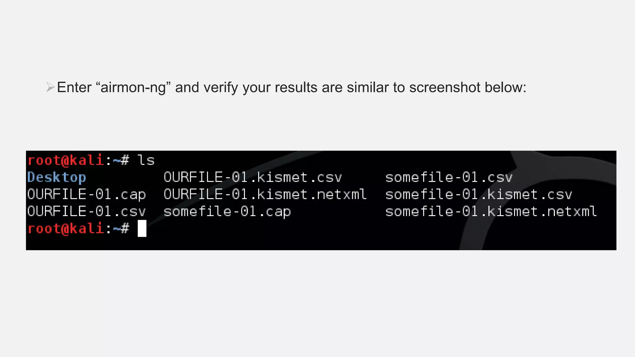 Enter “airmon-ng” and verify your results are similar to screenshot below:
 