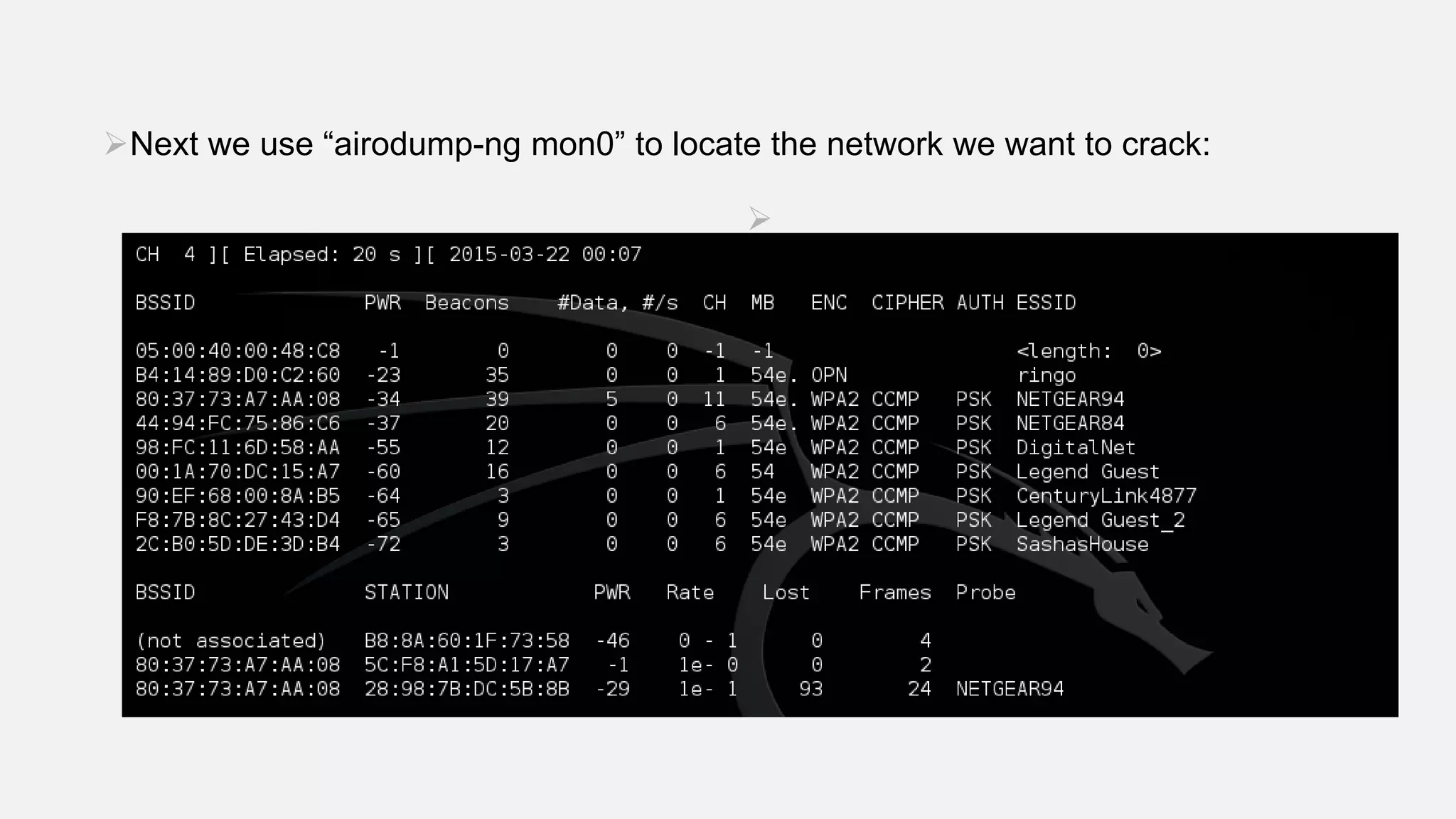 Next we use “airodump-ng mon0” to locate the network we want to crack:

 