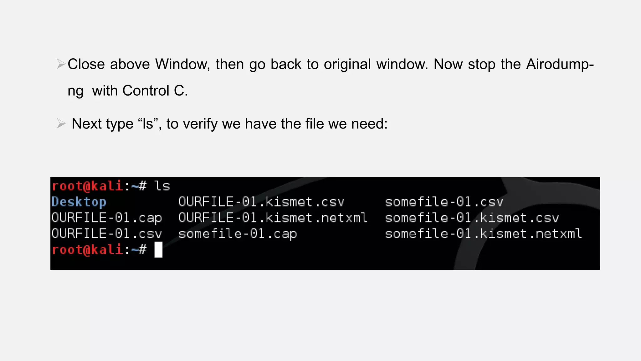 Close above Window, then go back to original window. Now stop the Airodump-
ng with Control C.
 Next type “ls”, to verify we have the file we need:
 