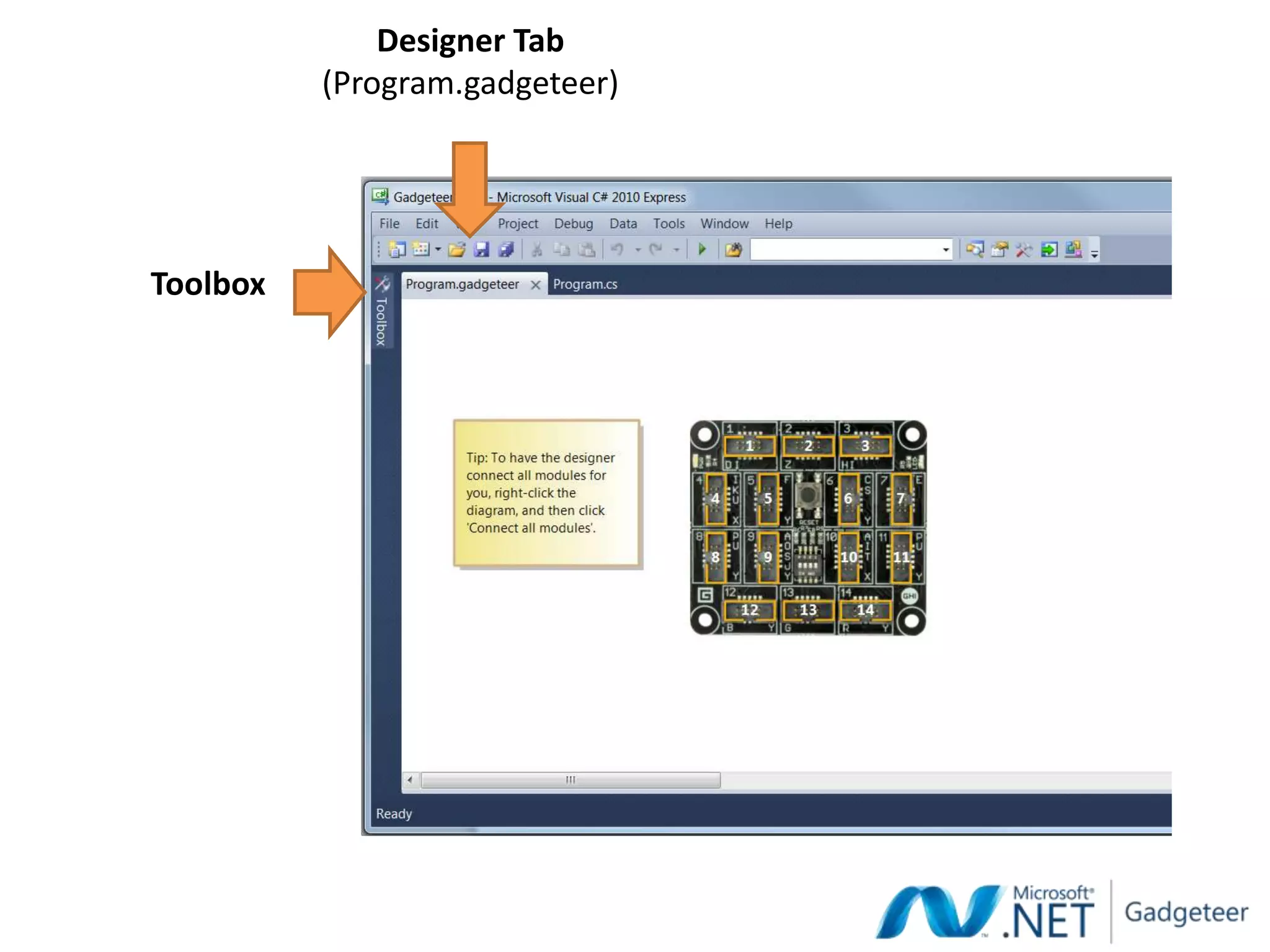 Designer Tab
          (Program.gadgeteer)




Toolbox
 