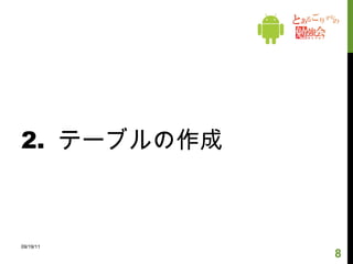 1. DB の作成 コンストラクタを呼ぶと、 DB 作成に必要な設定ができる DB が作られると onCreate() が呼ばれる 例では create 文を実行してテーブルを作っている 09/19/11 DB を利用する Activity を渡してあげる 
