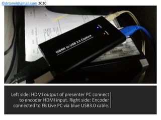 ©drtamil@gmail.com 2020
Left side: HDMI output of presenter PC connect
to encoder HDMI input. Right side: Encoder
connected to FB Live PC via blue USB3.0 cable.
 