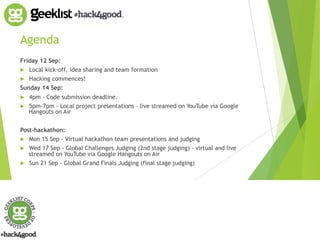 Agenda 
Friday 12 Sep: 
! Local kick-off, idea sharing and team formation 
! Hacking commences! 
Sunday 14 Sep: 
! 4pm - Code submission deadline. 
! 5pm-7pm - Local project presentations – live streamed on YouTube via Google 
Hangouts on Air 
Post-hackathon: 
! Mon 15 Sep - Virtual hackathon team presentations and judging 
! Wed 17 Sep - Global Challenges Judging (2nd stage judging) - virtual and live 
streamed on YouTube via Google Hangouts on Air 
! Sun 21 Sep - Global Grand Finals Judging (final stage judging) 
 