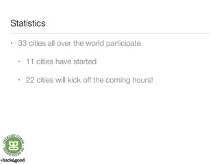 Statistics 
• 33 cities all over the world participate. 
• 11 cities have started 
• 22 cities will kick off the coming hours! 
 