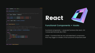 React
Functional Components + Hooks
Functional components = Javascript functions that return JSX
(Javascript that looks like HTML)
Hooks = Functions that we can call inside React components
that may trigger re-renders of the functional components itself
 