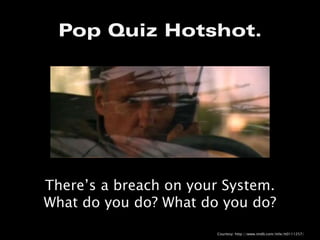 Pop Quiz Hotshot.




   Manual Penetration Test


There’s a breach on your System.
What do you do? What do you do?
                       Courtesy: http://www.imdb.com/title/tt0111257/
 