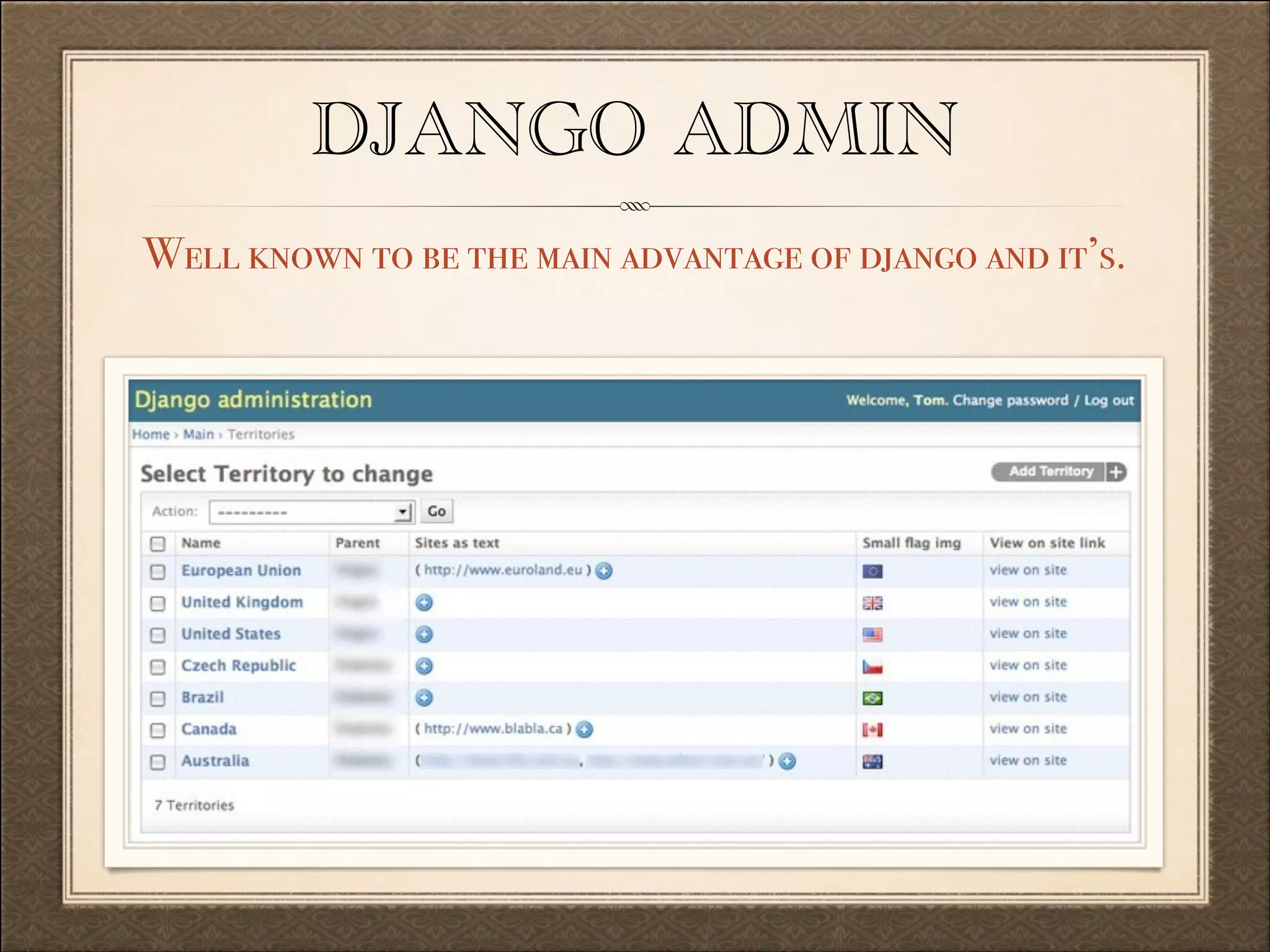 DJANGO ADMIN
Well known to be the main advantage of django and it’s.

 
