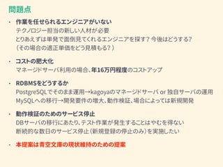 • 作業を任せられるエンジニアがいない 
テクノロジー担当の新しい人材が必要 
とりあえずは単発で面倒見てくれるエンジニアを探す？ 今後はどうする？ 
（その場合の適正単価をどう見積もる？ ）
• コストの肥大化 
マネージドサーバ利用の場合、年16万円程度のコストアップ
• RDBMSをどうするか 
PostgreSQLでそのまま運用→kagoyaのマネージドサーバ or 独自サーバの運用 
MySQLへの移行→開発要件の増大、動作検証、場合によっては新規開発
• 動作検証のためのサービス停止 
DBサーバの移行にあたり、テスト作業が発生することはやむを得ない 
断続的な数日のサービス停止（新規登録の停止のみ）を実施したい
• 本提案は青空文庫の現状維持のための提案
問題点
 