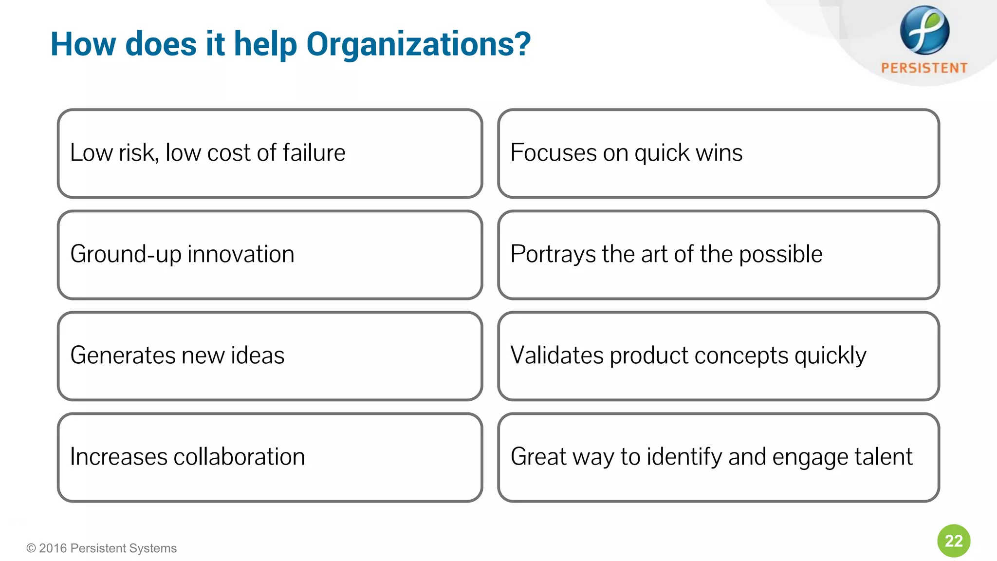 22© 2016 Persistent Systems
How does it help Organizations?
Low risk, low cost of failure
Ground-up innovation
Generates new ideas
Increases collaboration
Focuses on quick wins
Portrays the art of the possible
Validates product concepts quickly
Great way to identify and engage talent
 