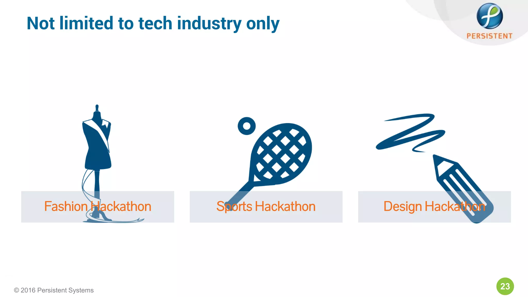 23© 2016 Persistent Systems
Fashion Hackathon Sports Hackathon Design Hackathon
Not limited to tech industry only
 