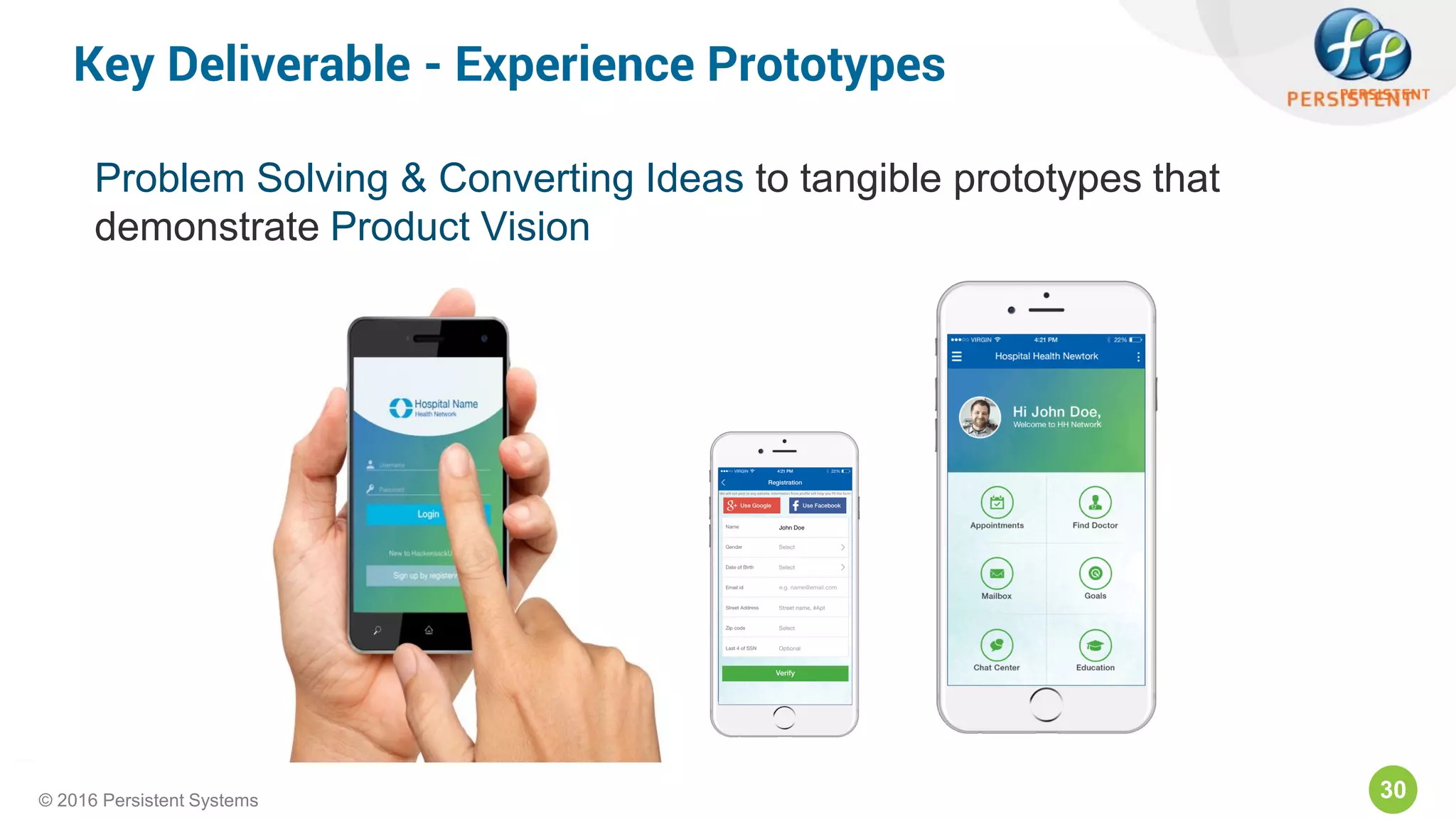 30© 2016 Persistent Systems
Problem Solving & Converting Ideas to tangible prototypes that
demonstrate Product Vision
Key Deliverable - Experience Prototypes
 