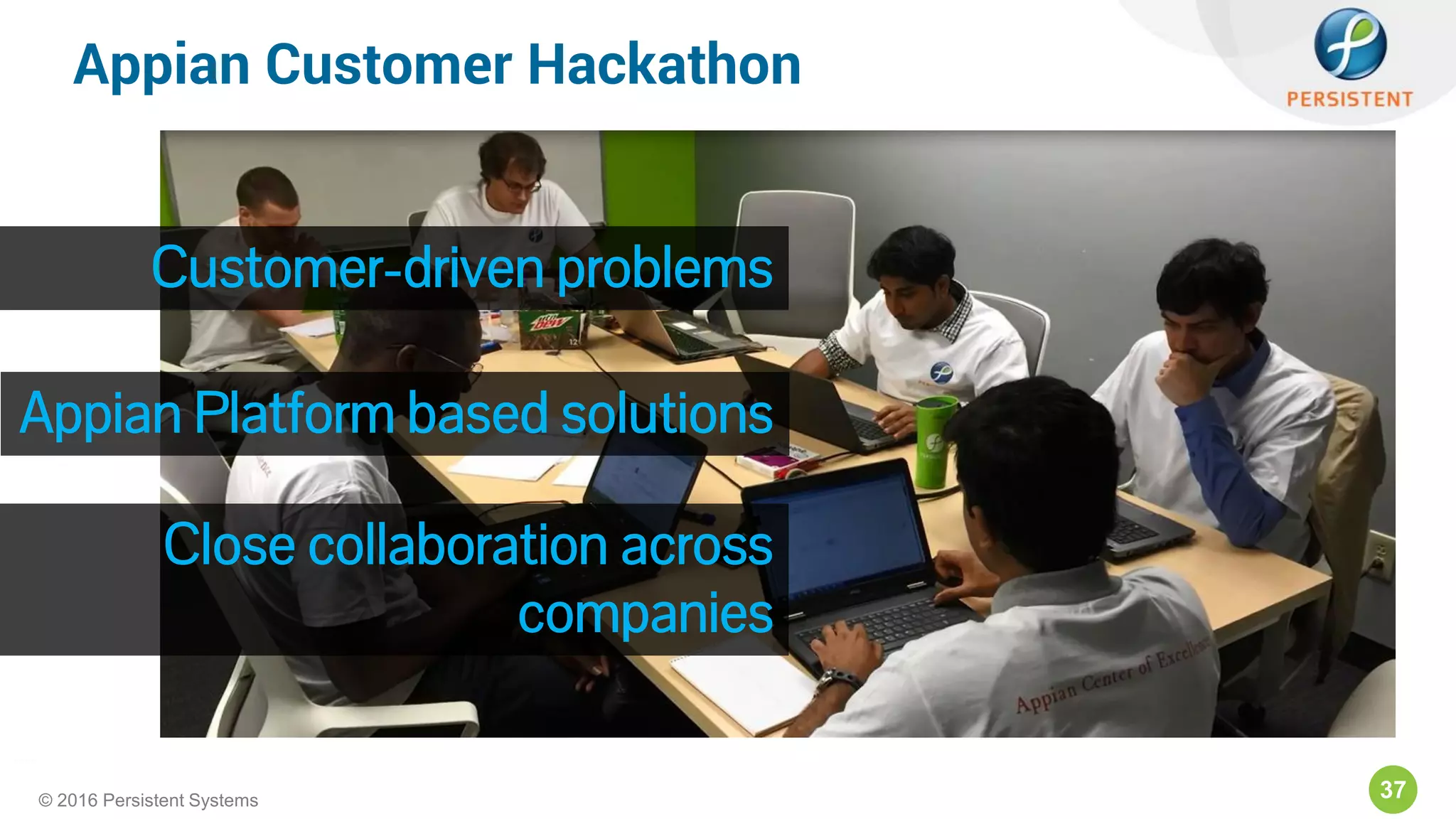 37© 2016 Persistent Systems
Appian Customer Hackathon
Customer-driven problems
Appian Platform based solutions
Close collaboration across
companies
 