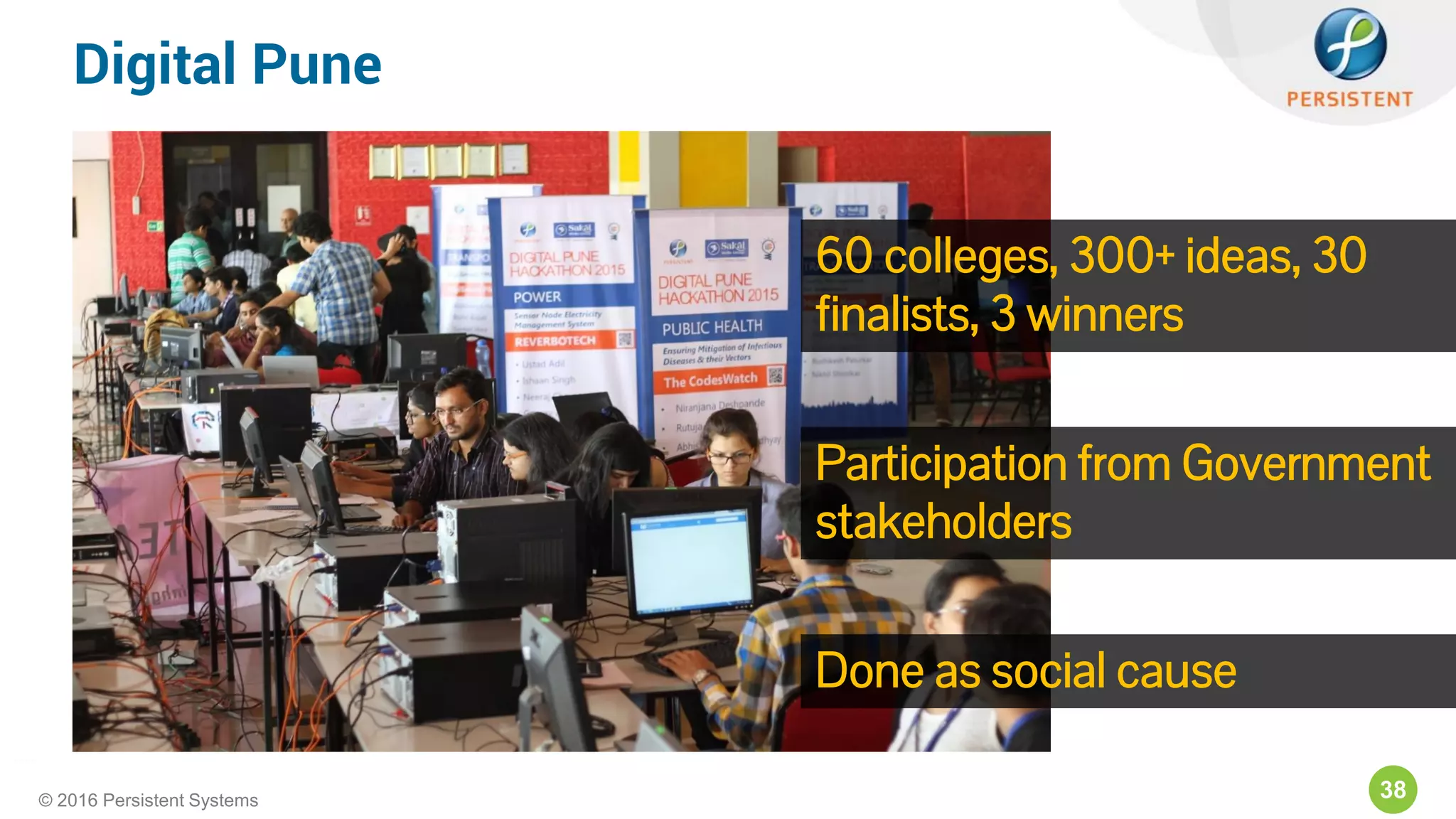 38© 2016 Persistent Systems
Digital Pune
60 colleges, 300+ ideas, 30
finalists, 3 winners
Participation from Government
stakeholders
Done as social cause
 