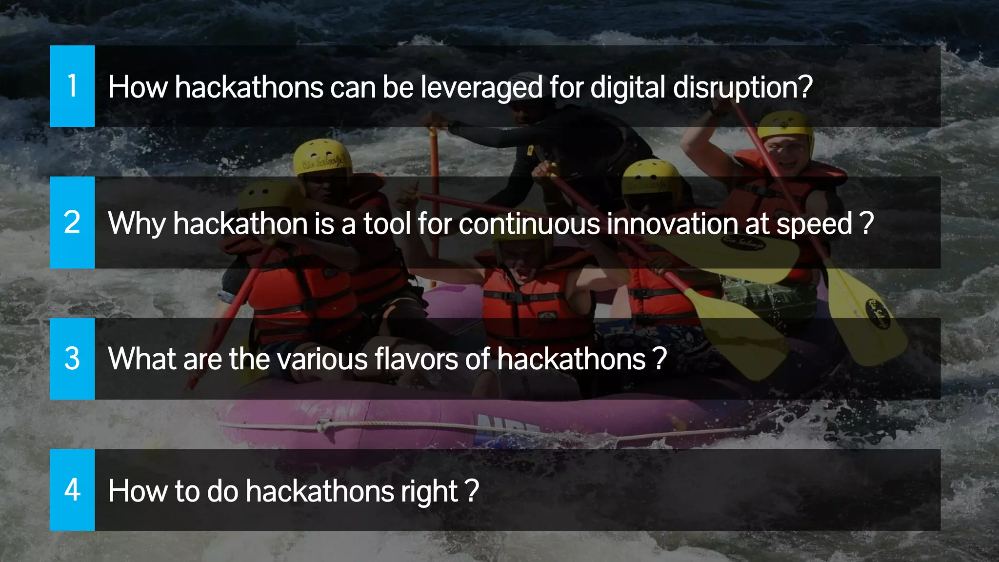4© 2016 Persistent Systems
How to do hackathons right ?4
How hackathons can be leveraged for digital disruption?1
Why hackathon is a tool for continuous innovation at speed ?2
What are the various flavors of hackathons ?3
 