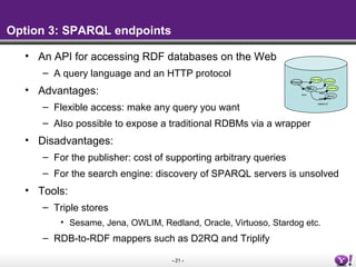 Option 3: SPARQL endpoints

  • An API for accessing RDF databases on the Web
     – A query language and an HTTP protocol                                    “Peter Mika”
                                                                                                 “Budapest”
                                                                 #PeterM


  • Advantages:                                                        born
                                                                           label
                                                                              #Bud
                                                                                         label
                                                                                                    “2,000,000”



                                                                                                   #Hun
                                                                                         population



     – Flexible access: make any query you want
                                                                                       capital-of




     – Also possible to expose a traditional RDBMs via a wrapper
  • Disadvantages:
     – For the publisher: cost of supporting arbitrary queries
     – For the search engine: discovery of SPARQL servers is unsolved
  • Tools:
     – Triple stores
         • Sesame, Jena, OWLIM, Redland, Oracle, Virtuoso, Stardog etc.
     – RDB-to-RDF mappers such as D2RQ and Triplify

                                   - 21 -
 
