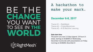 A hackathon to
make your mark.
December 6-8, 2017
Theme #1 – RightMesh
Theme #2 – Crypto/Blockchain
Theme #3 – AI & Machine Learning
Date start time
The event runs over 2.5 days (approx. 24 hours in
total), starting at 10:00AM on Wednesday,
December 6 and ends with presentations on Friday
morning at 10:00AM, December 8
 