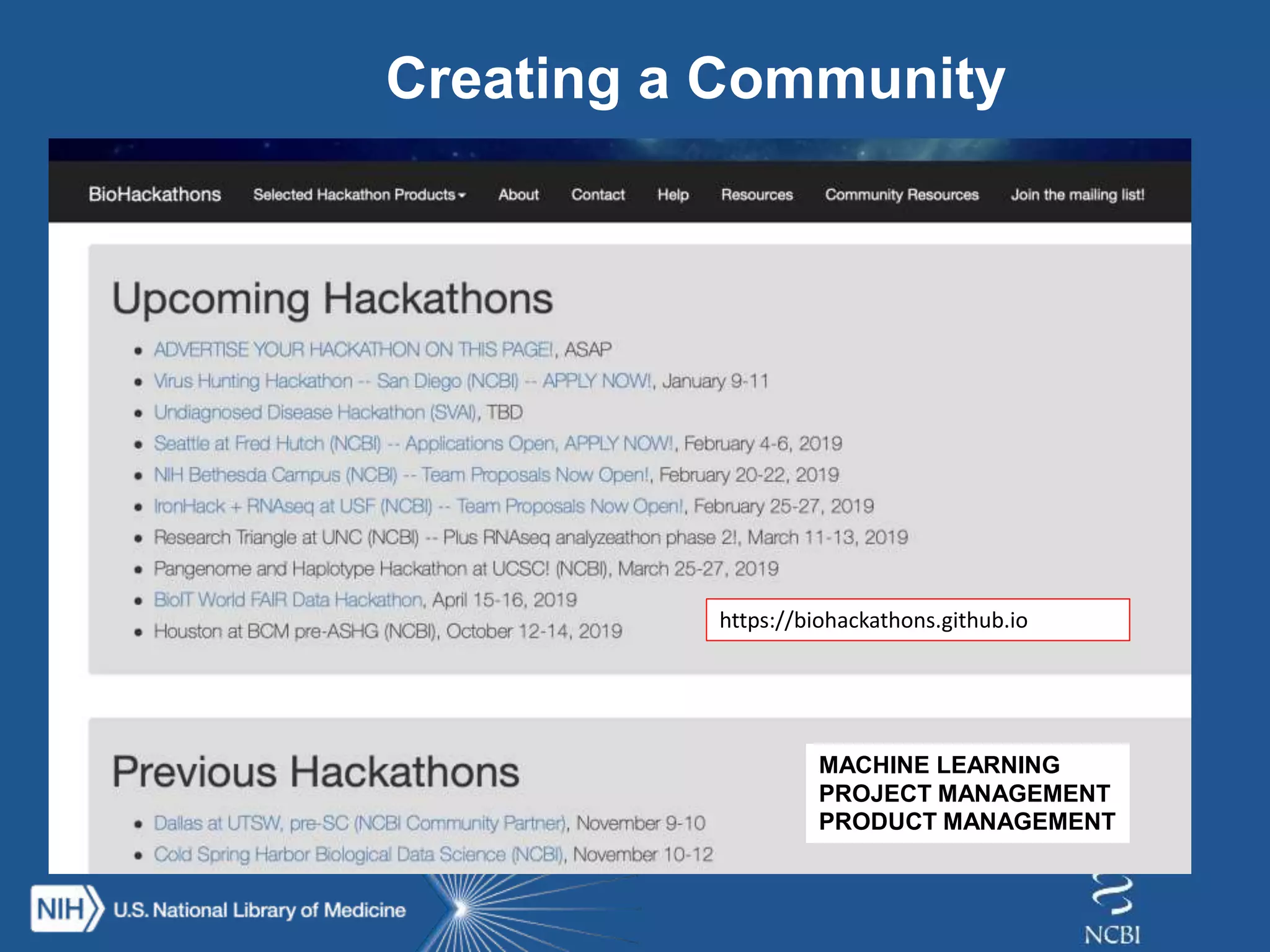 Creating a Community
https://biohackathons.github.io
MACHINE LEARNING
PROJECT MANAGEMENT
PRODUCT MANAGEMENT
 